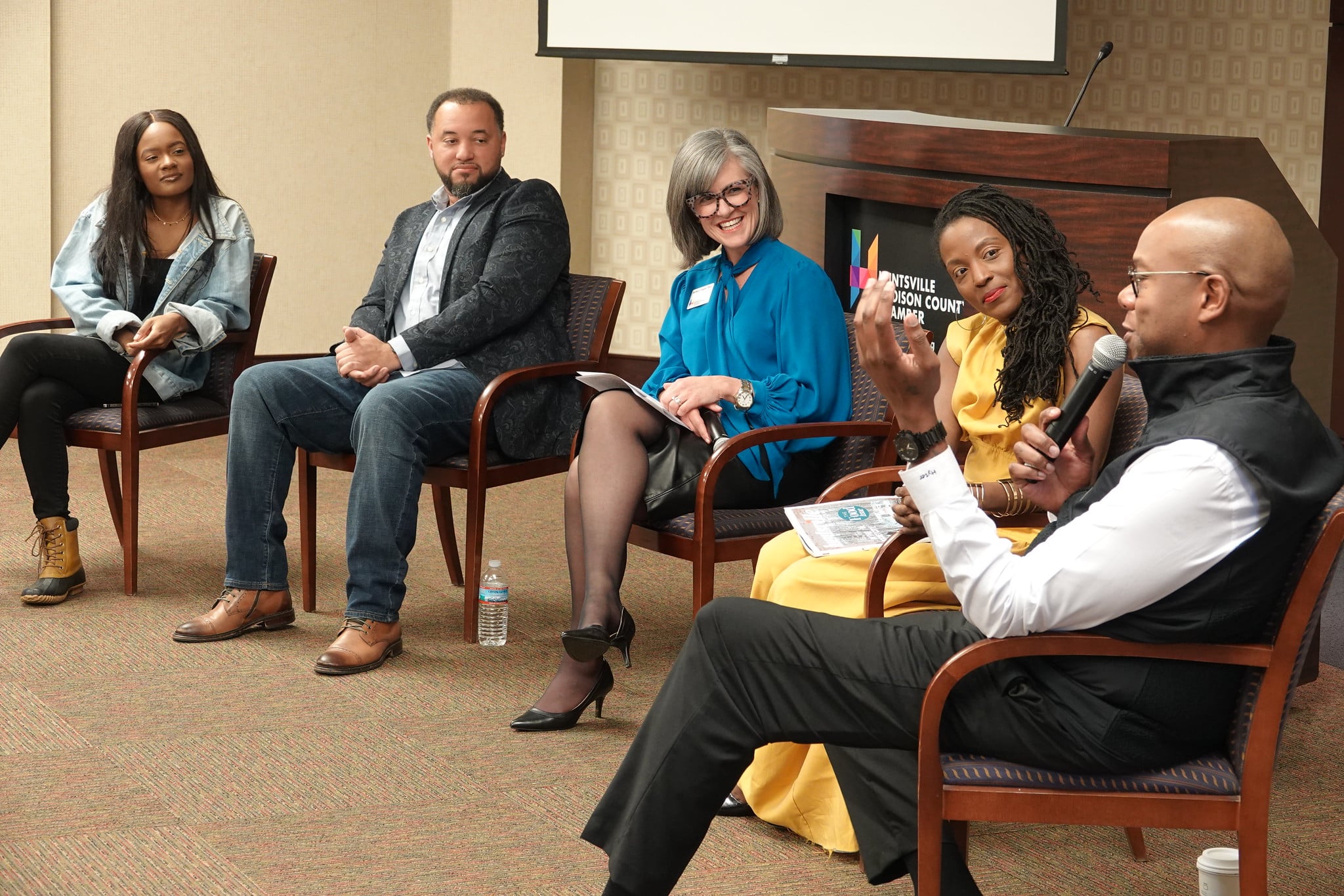 Four panelists and hosts on the Chamber's Innovators & Entrepreneurs Panel, Feb. 20, 2023