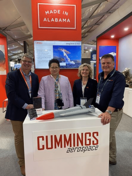 Representatives of Cummings Aerospace and Criterion Solutions at the 2023 Australian International Air Show. Cummings Aerospace is headquartered in Huntsville, Alabama. (Photo: Lucia Cape, Huntsville/Madison County Chamber)
