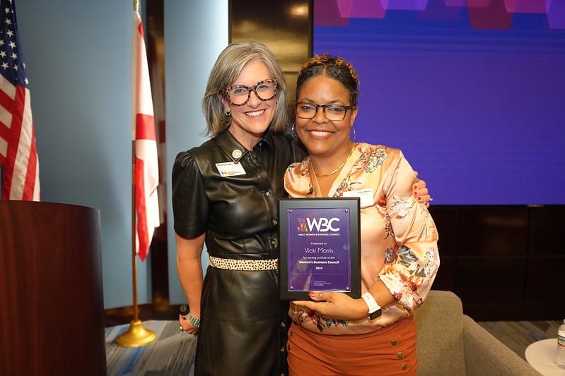 Ashley Engles-Ross, Small Business VP (left) with Vicki Morris, 2024 WBC Chair, at the WBC's Wine Down with Women Who Lead event on Nov. 19