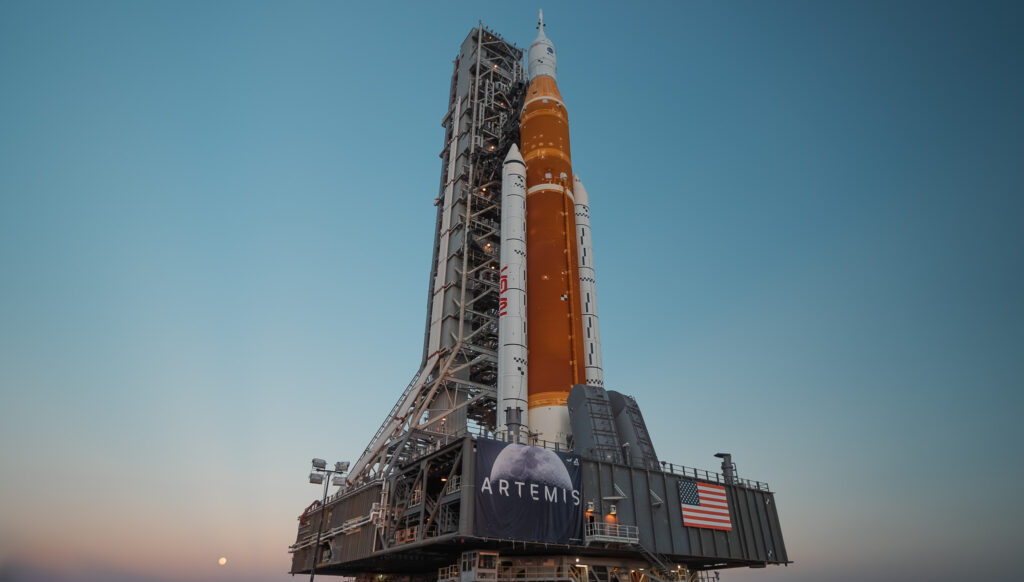 NASA's Artemis I rocket as it moves to the launch pad at Cape Canaveral, FL.