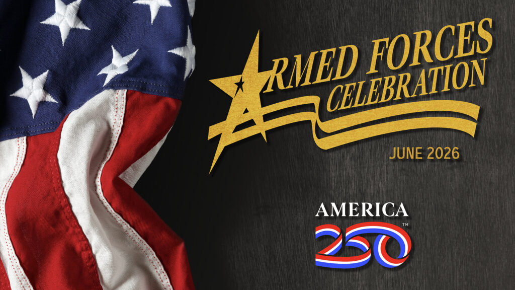 Flag with Armed Forces logo and America 250th patriotic lettering